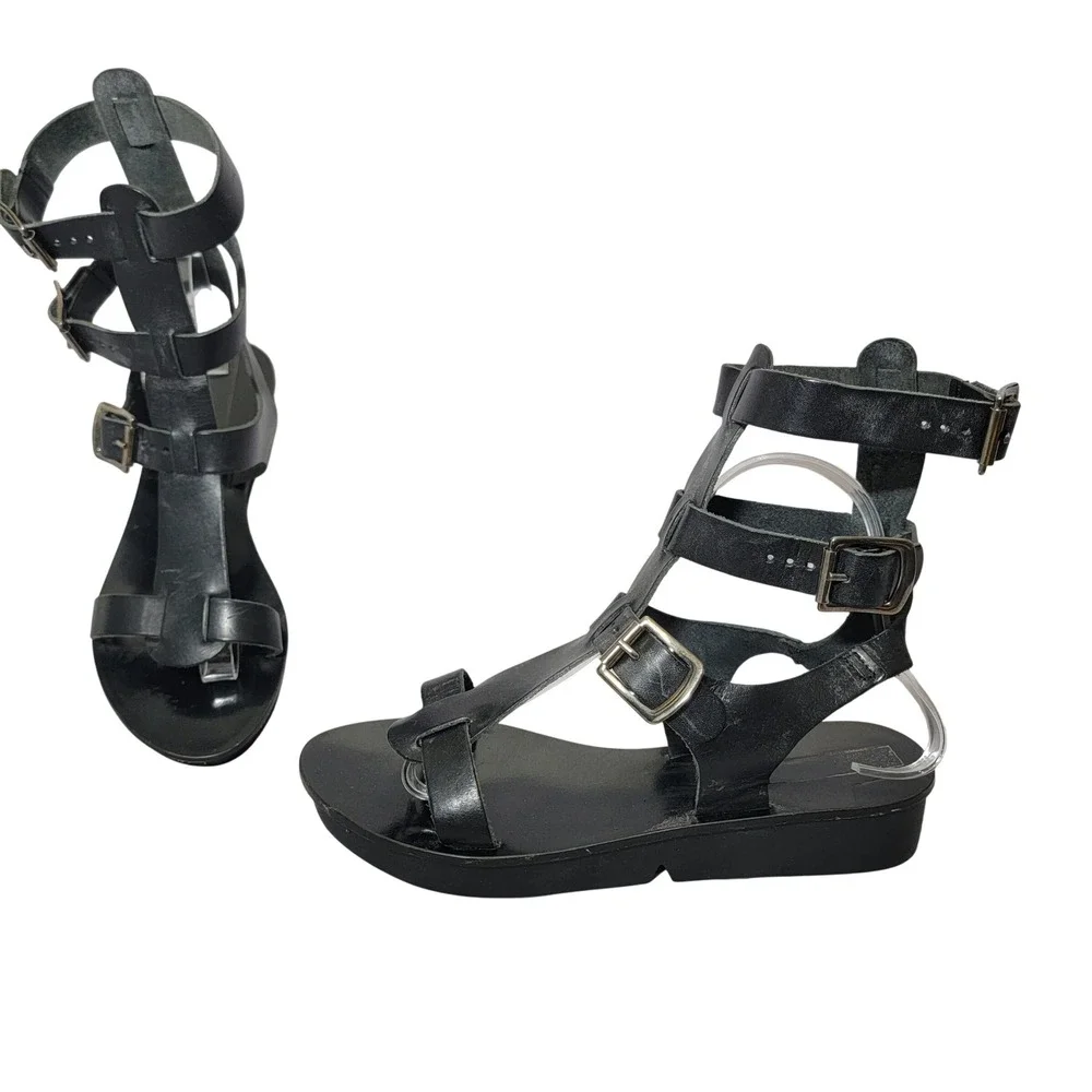 VTG 90s‎ Steve Madden Magnus Black Leather Gladiator Sandals Made in Italy sz 8